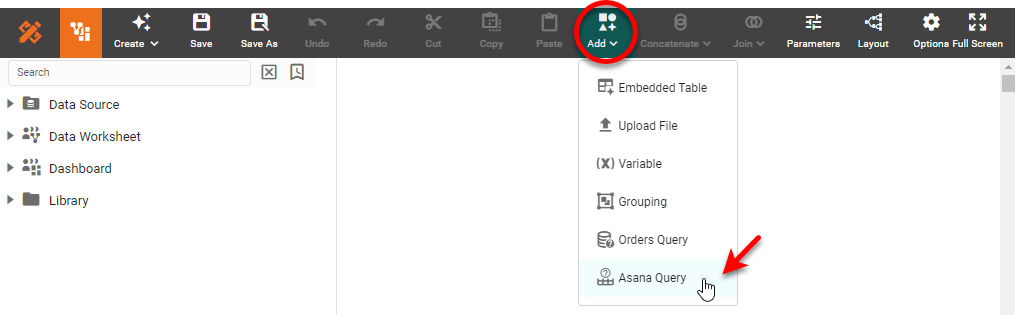 Asana Query dialog box for configuring the data query