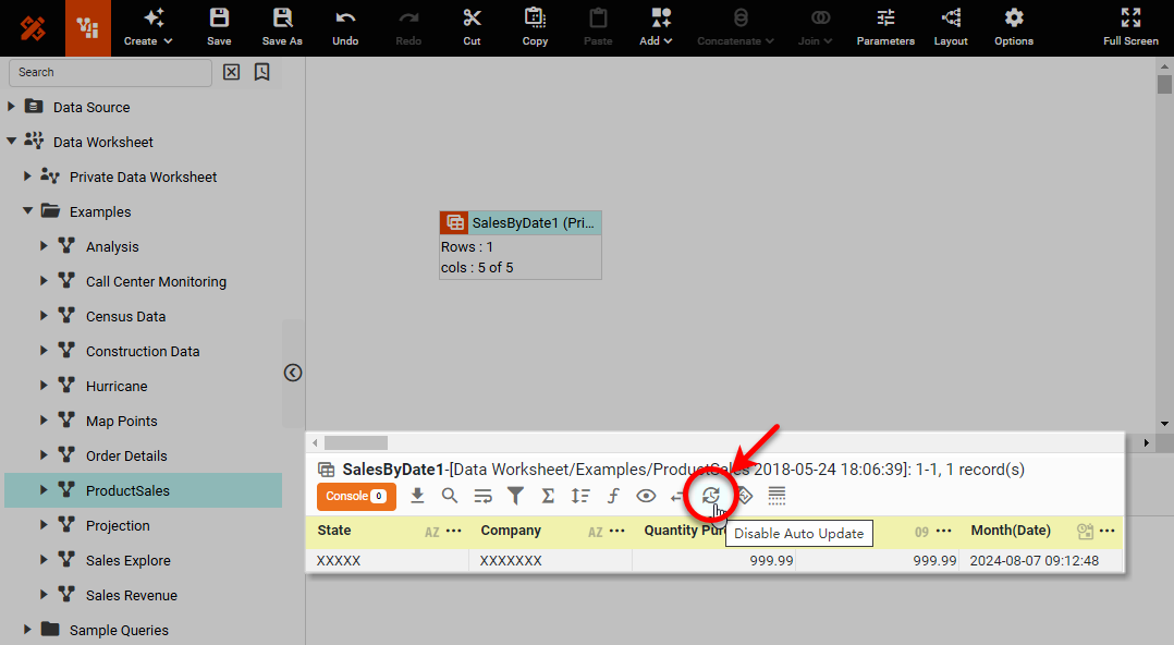 data block linked to source worksheet with auto-update button in toolbar