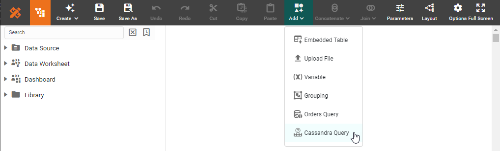 Cassandra Query dialog box for configuring the data query