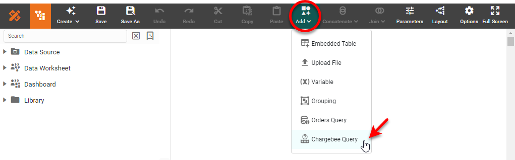 Chargebee Query dialog box for configuring the data query