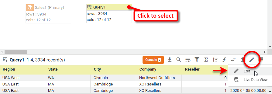 select Query1 data block and press Change View to select Edit action