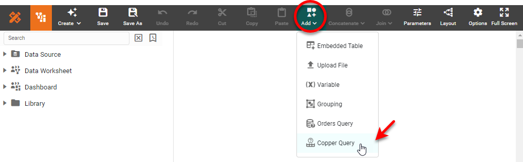 Copper Query dialog box for configuring the data query