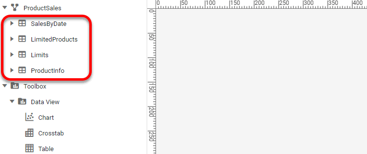 Toolbox panel showing available data blocks for table query binding