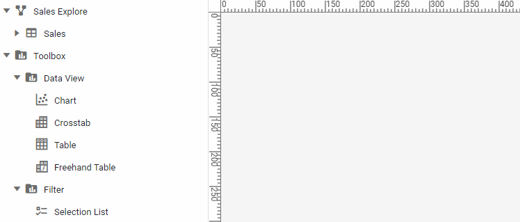 Toolbox panel showing available data blocks for crosstab query binding