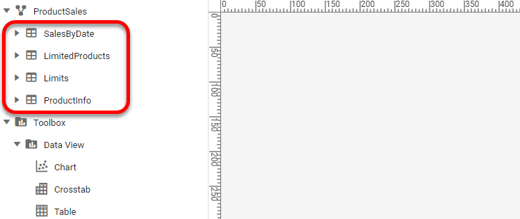 Toolbox panel showing available data blocks for selection tree query binding