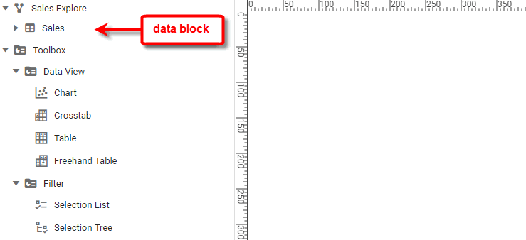Toolbox panel showing data blocks available for calendar query