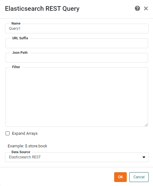 Elasticsearch REST Query dialog box for configuring the data query