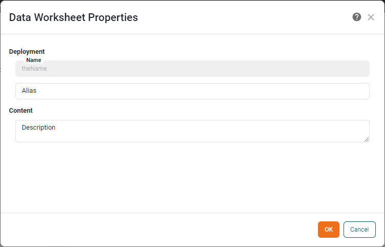 Data Worksheet options panel showing alias and description fields