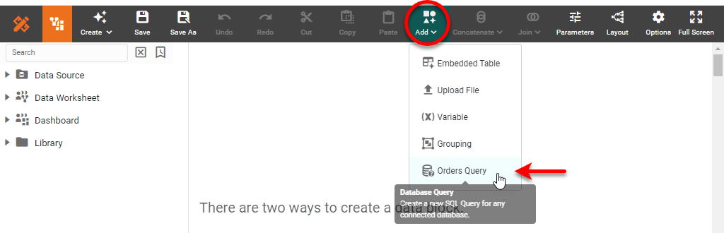 press Create Object button and select Database Query from toolbar