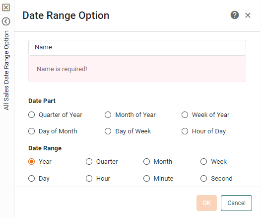 Date Range Option panel showing date grouping options including Year Quarter Month and Day