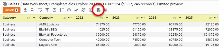 crosstab in live data view with category company row headers and year column headers