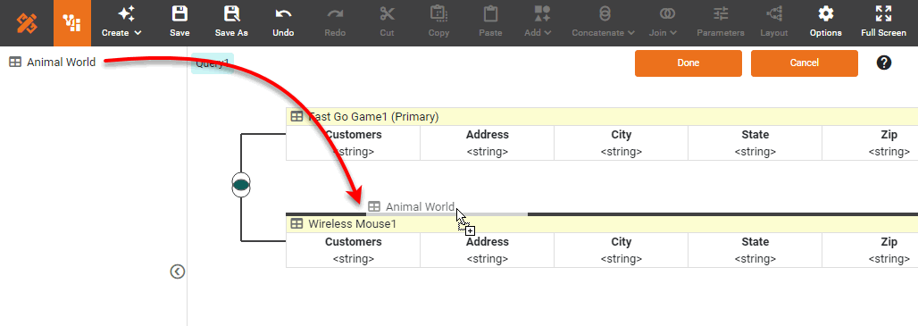 drag additional table to concatenation border in the editor