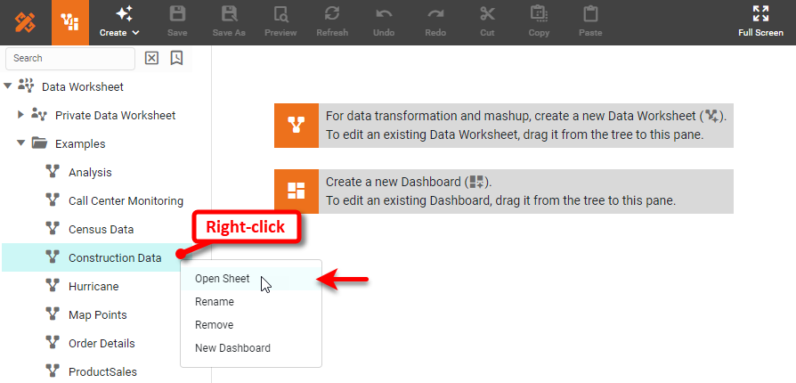 double-click or right-click Data Worksheet in left panel to open it