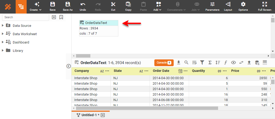 new OrderDataText data block created with imported file data