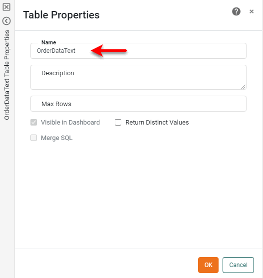 Table Properties panel with Name field for renaming the data block