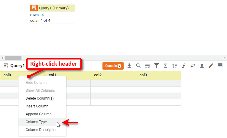 right-click header cell and select Column Type to open the Column Type panel