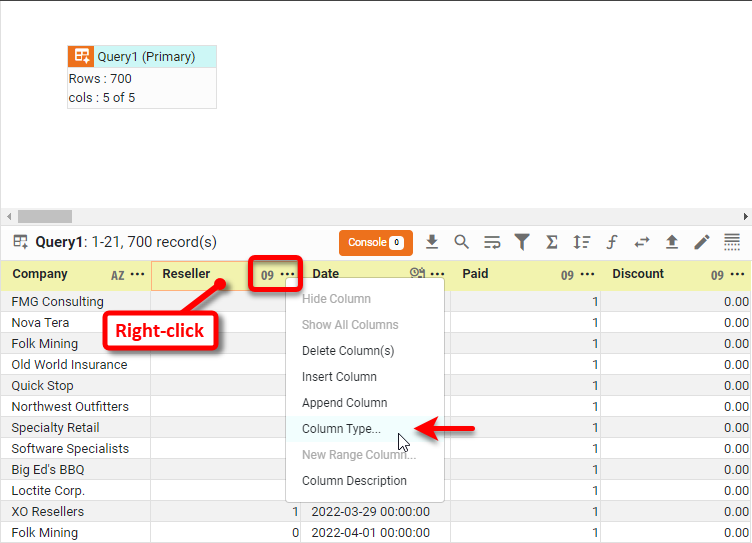 right-click column header and select Column Type from context menu
