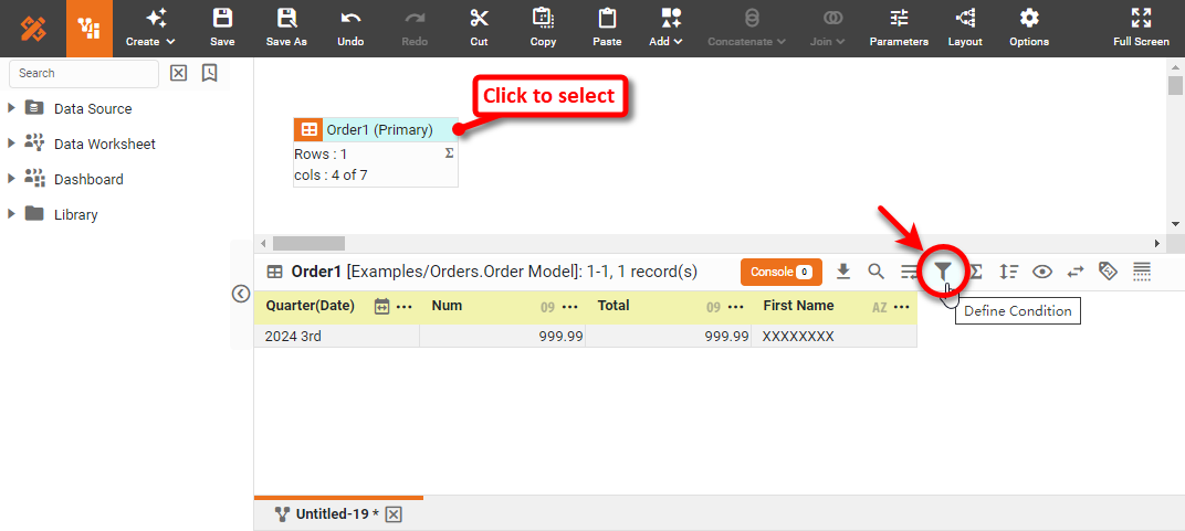 press Define Condition button to open Condition panel for grouped data block