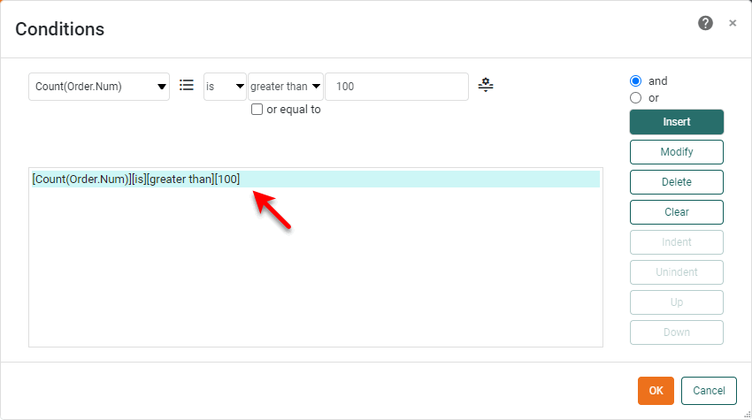 specify post-aggregate condition using menus in the Condition panel