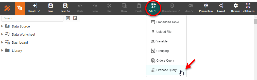 Firebase Query dialog box for configuring the data query