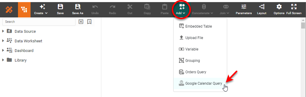 Google Calendar Query dialog box for configuring the data query