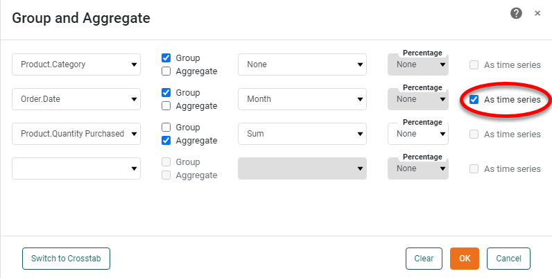 Group and Aggregate panel with grouping fields and summary fields selected