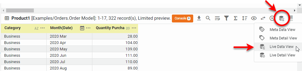 live data view showing grouped and aggregated data in the data block