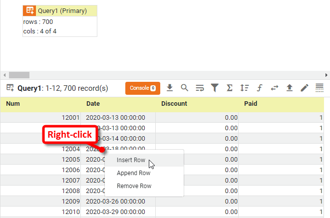 right-click table row and select Insert Row or Append Row