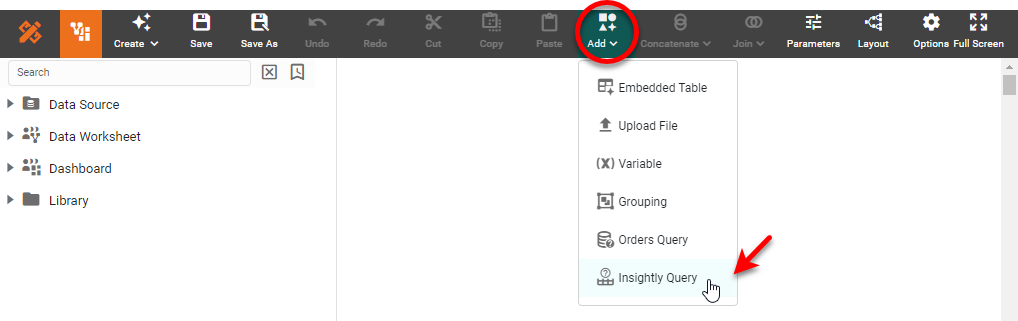 Insightly Query dialog box for configuring the data query