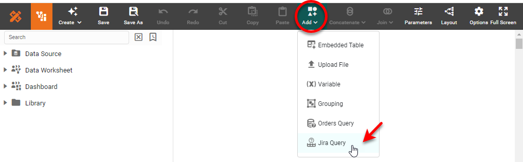Jira Query dialog box for configuring the data query