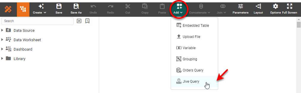 Jive Query dialog box for configuring the data query