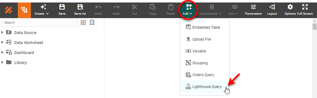 Lighthouse Query dialog box for configuring the data query
