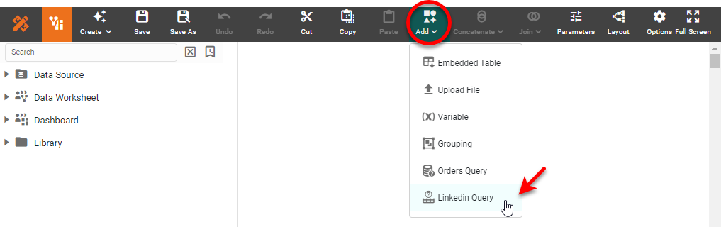 Linkedin Query dialog box for configuring the data query