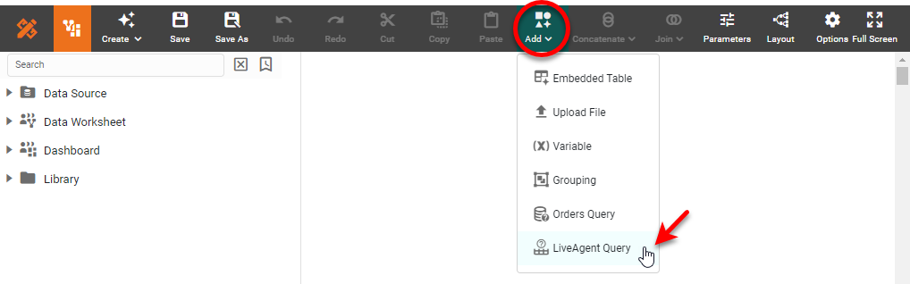 LiveAgent Query dialog box for configuring the data query