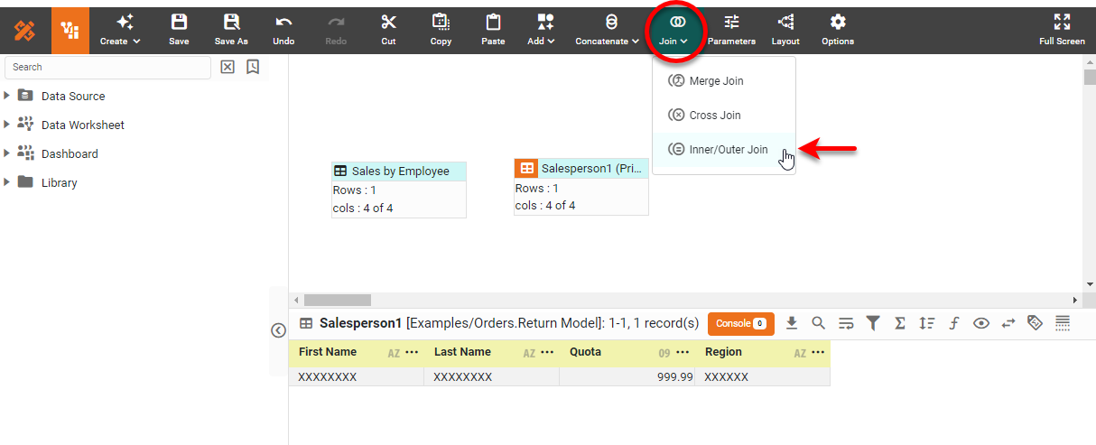press Join button in toolbar and select Inner Outer Join
