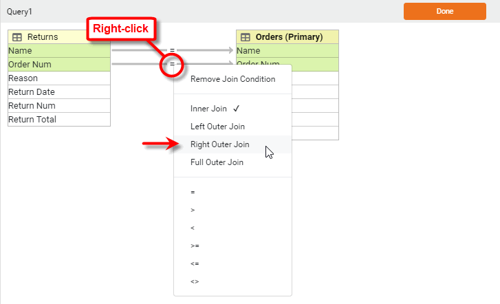 right-click join link and choose right outer join from context menu
