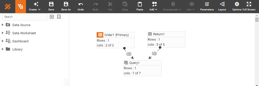 Query1 joined data block created in the Data Worksheet canvas