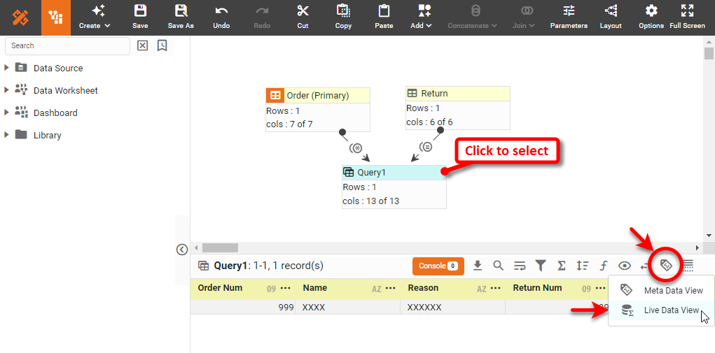 select joined data block and press Change View to see live data