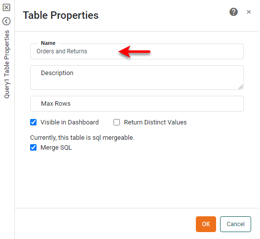 Table Properties panel with Name field for renaming the joined data block