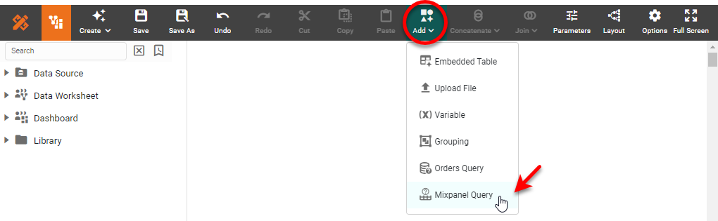 Mixpanel Query dialog box for configuring the data query