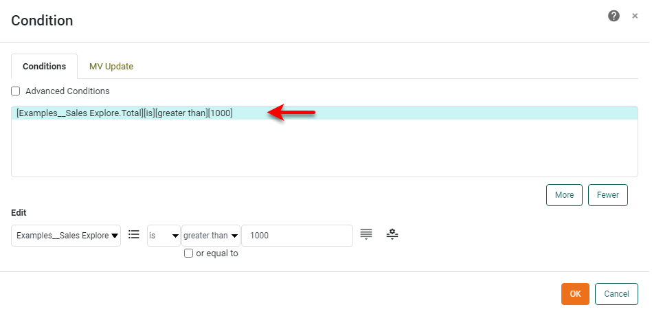 condition configured as Total is greater than 1000