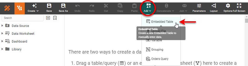 press Create Object button and select Embedded Table from toolbar
