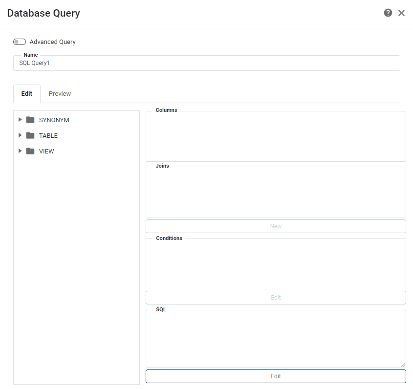 database query dialog opened after selecting a data source query option