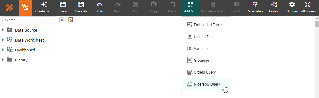Nicereply Query dialog box for configuring the data query