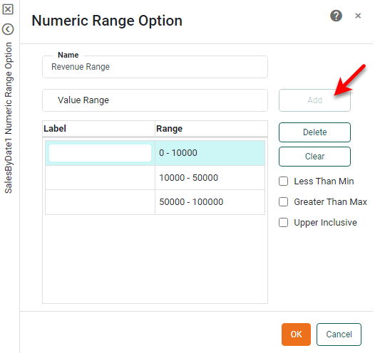 Numeric Range Option dialog with four thresholds entered for Revenue Range