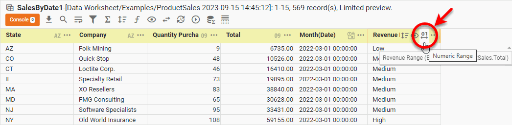 press Numeric Range button in range column header to reopen the dialog