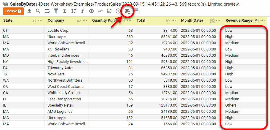 data block preview showing Revenue Range column with Low Medium High labels