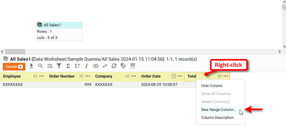 right-click numeric column header and select New Range Column