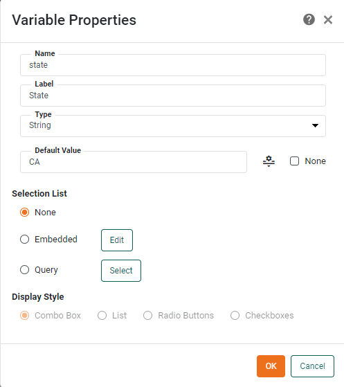 Variable Properties dialog with state variable configured and CA as default value