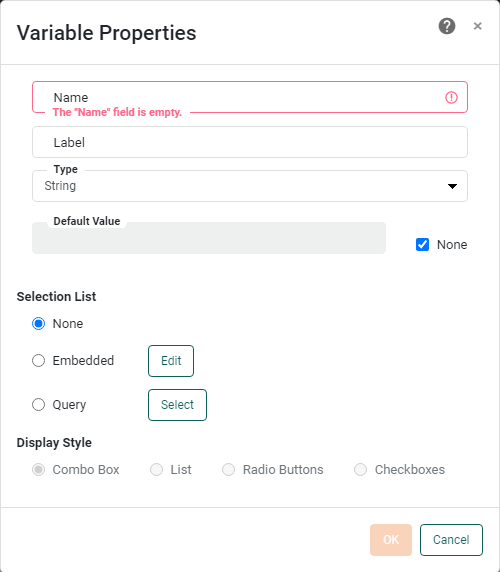 Variable Properties dialog box with name label and type fields